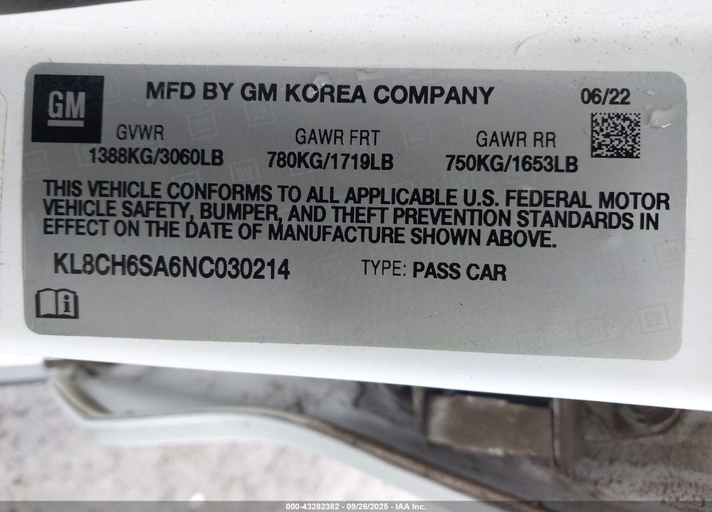 2022 CHEVROLET SPARK FWD ACTIV AUTOMATIC VIN: KL8CH6SA6NC030214