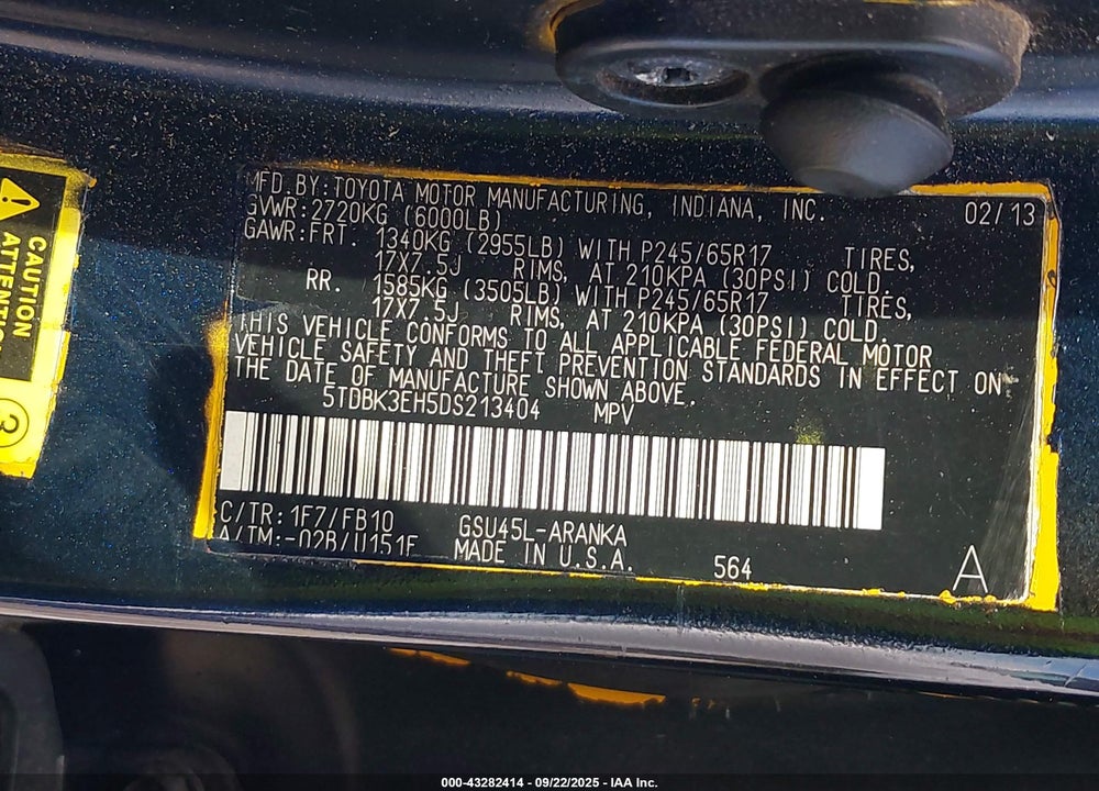 2013 TOYOTA HIGHLANDER VIN: 5TDBK3EH5DS213404