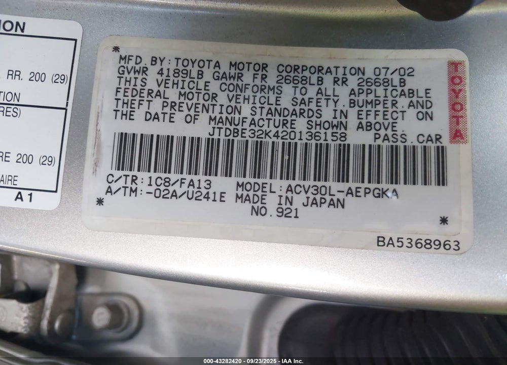 2002 TOYOTA CAMRY VIN: JTDBE32K420136158