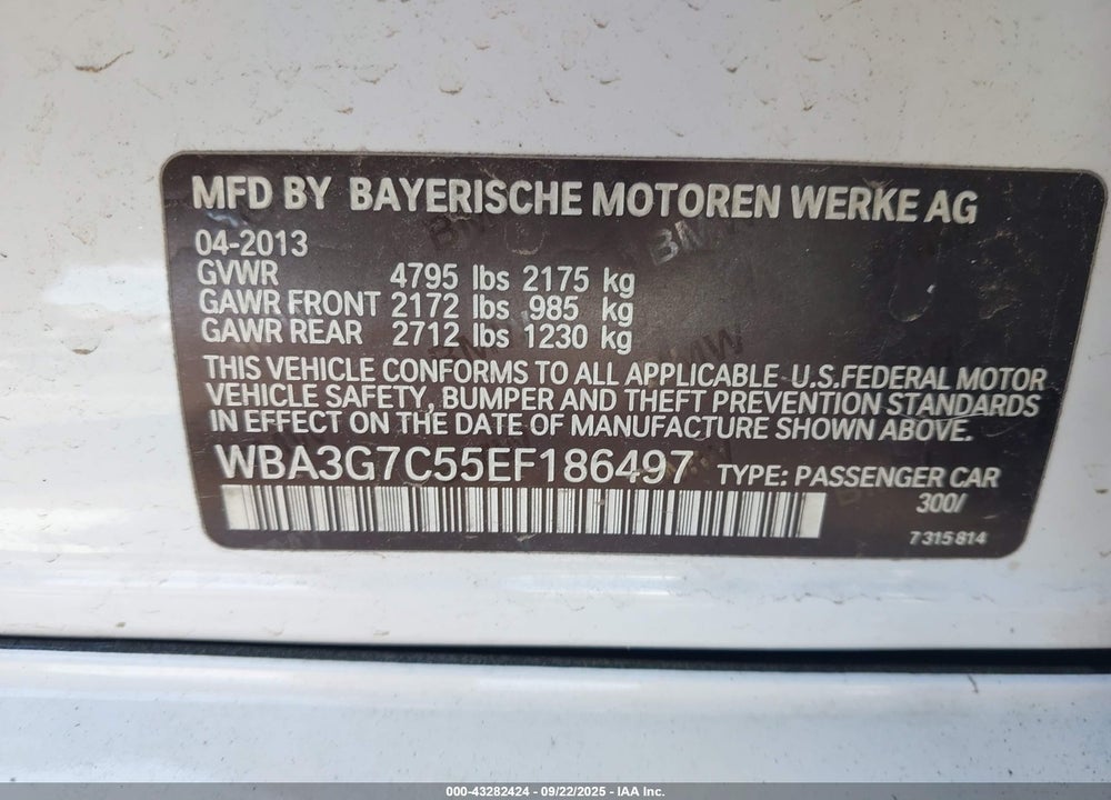 2014 BMW 3 SERIES VIN: WBA3G7C55EF186497