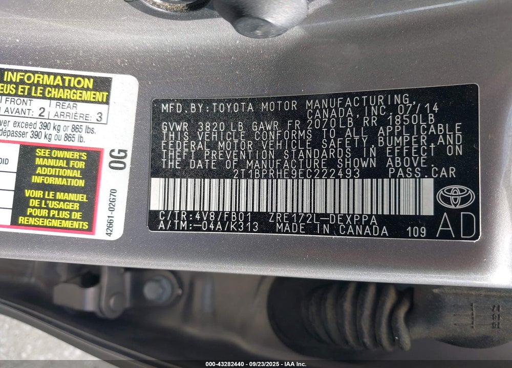2014 TOYOTA COROLLA LE ECO PLUS VIN: 2T1BPRHE9EC222493