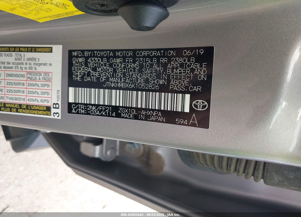 2019 TOYO C-HR XLE FWD VIN: JTNKHMBX0KT052826