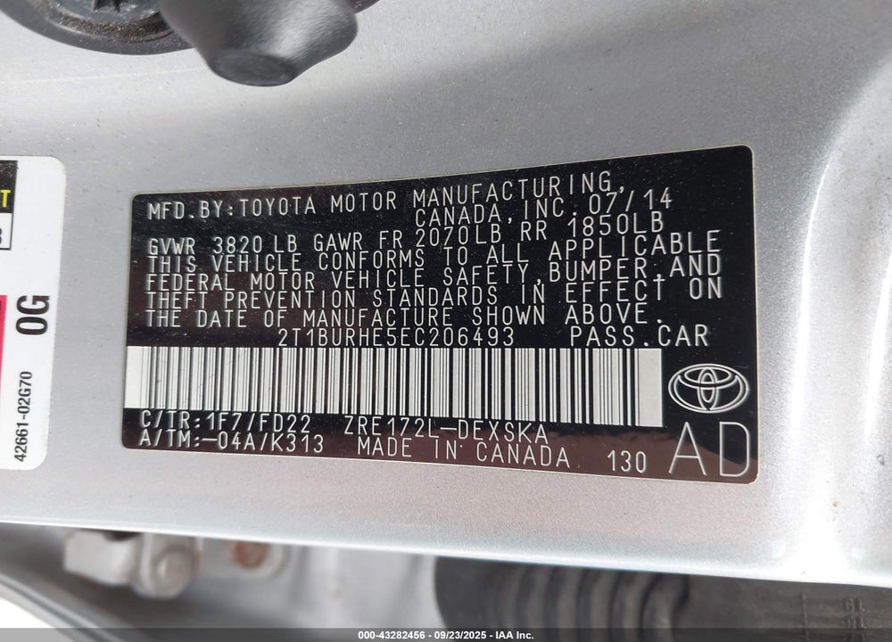 2014 TOYOTA COROLLA VIN: 2T1BURHE5EC206493