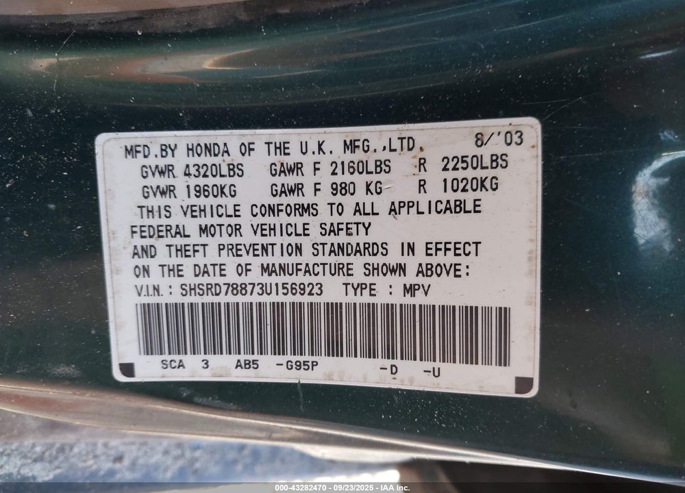 2003 HONDA CR-V EX VIN: SHSRD78873U156923