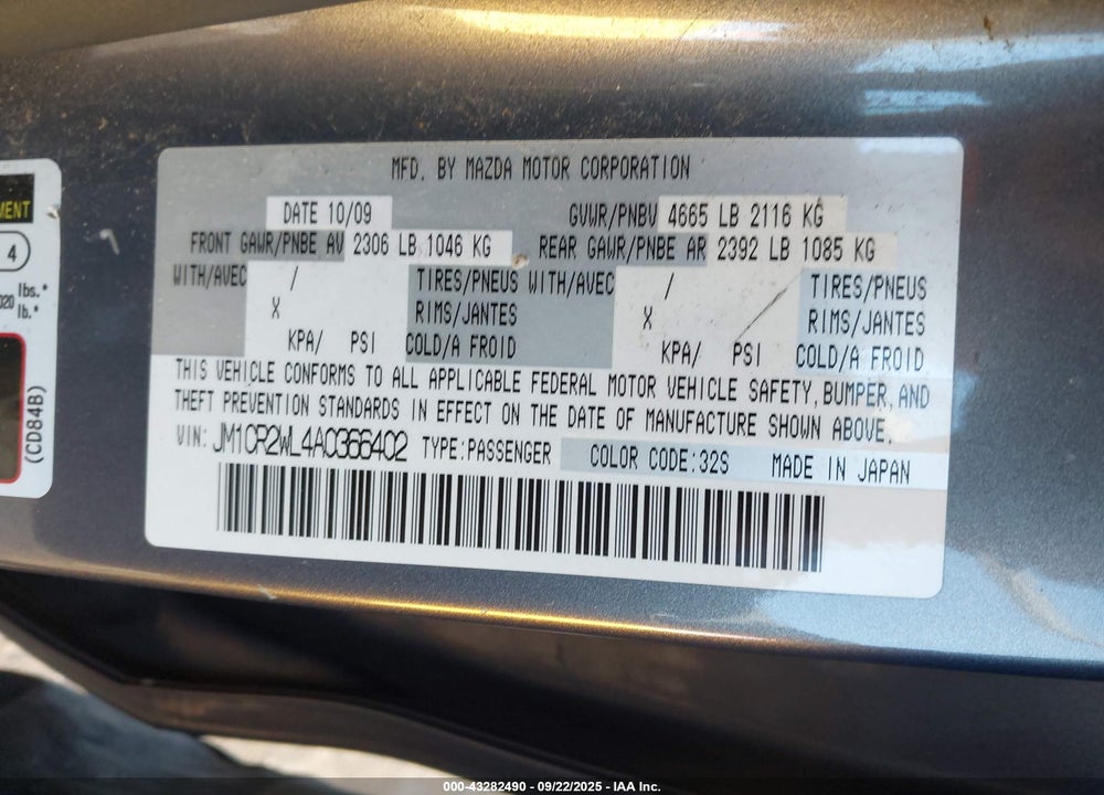 2010 MAZDA 5 VIN: JM1CR2WL4A0366402