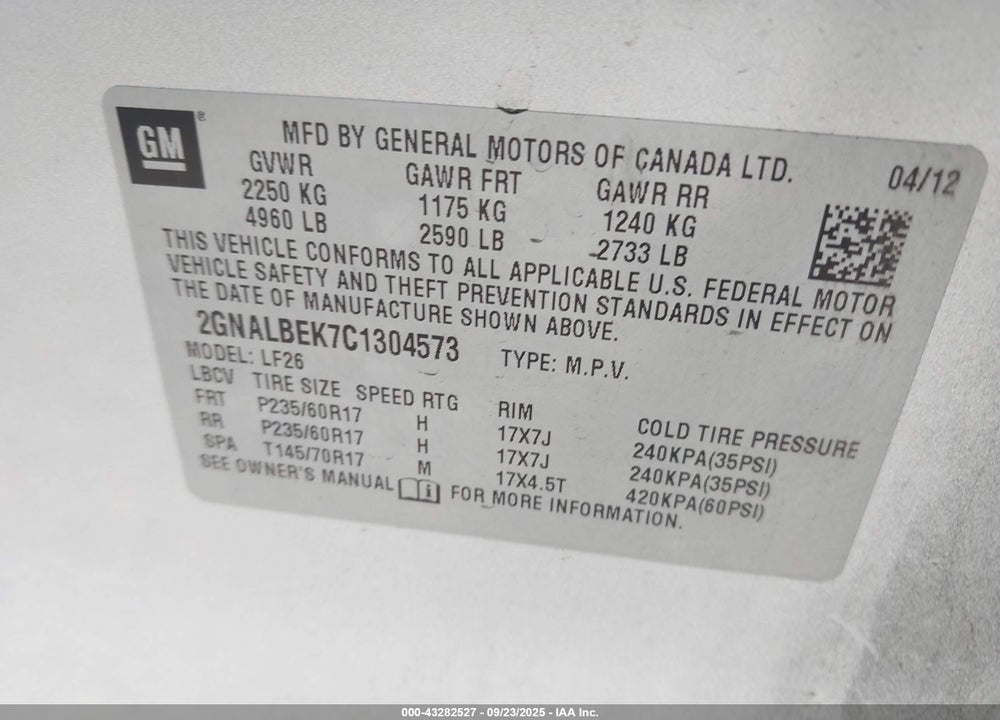 2012 CHEVROLET EQUINOX VIN: 2GNALBEK7C1304573