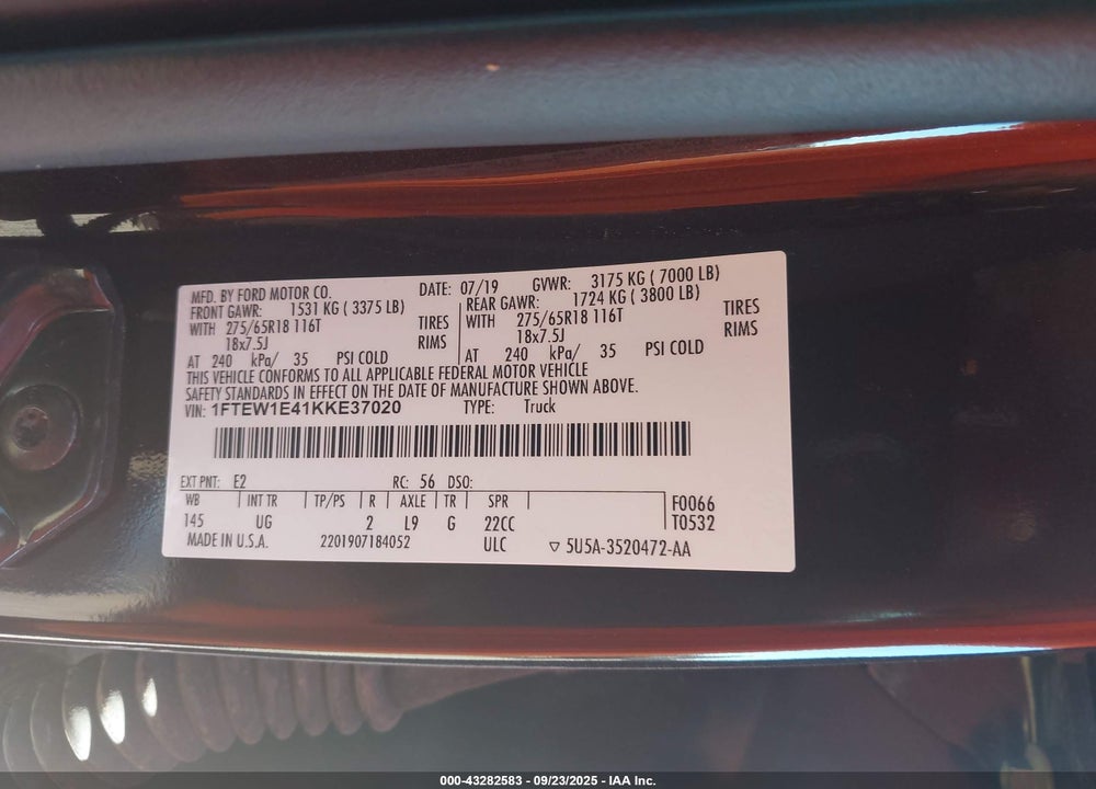 2019 FORD F-150 XLT VIN: 1FTEW1E41KKE37020