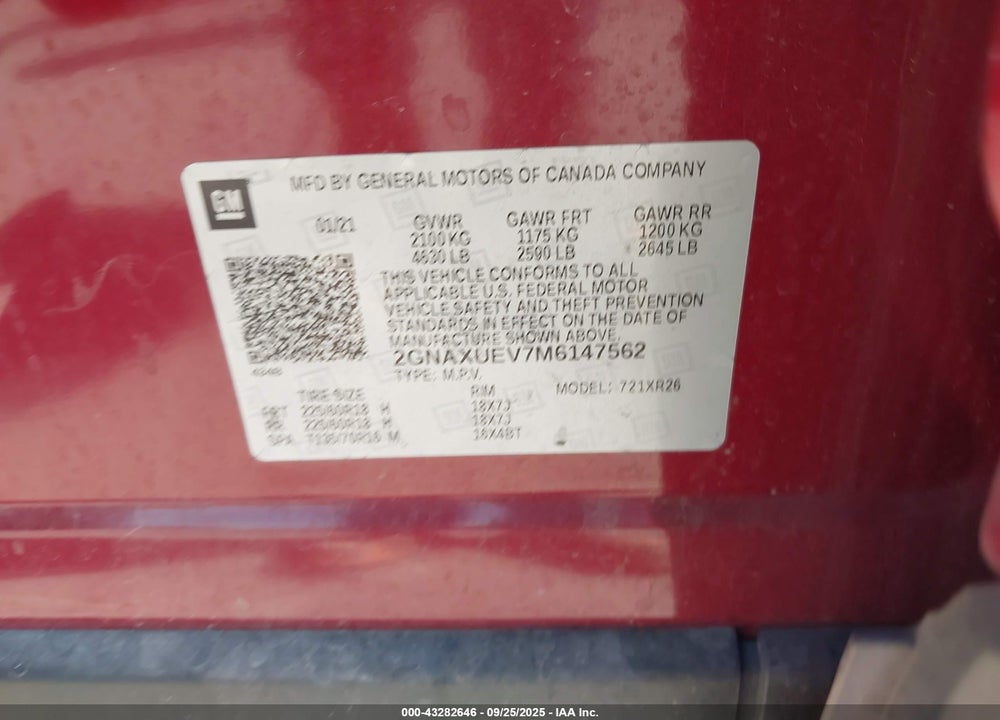 2021 CHEVROLET EQUINOX VIN: 2GNAXUEV7M6147562