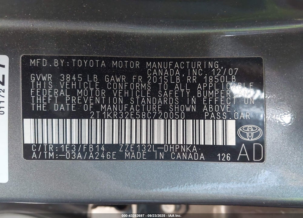 2008 TOYOTA MATRIX/XR VIN: 2T1KR32E58C720050