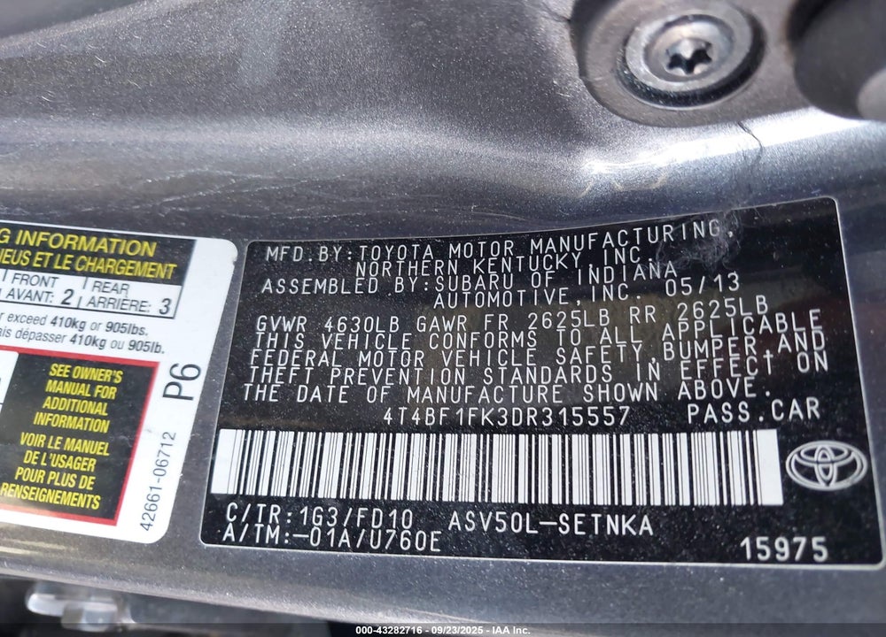 2013 TOYOTA CAMRY VIN: 4T4BF1FK3DR315557
