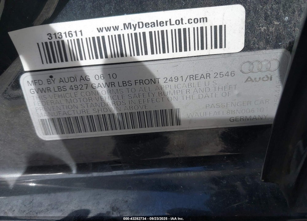 2011 AUDI A4 2.0T PREMIUM VIN: WAUFFAFL8BN006101
