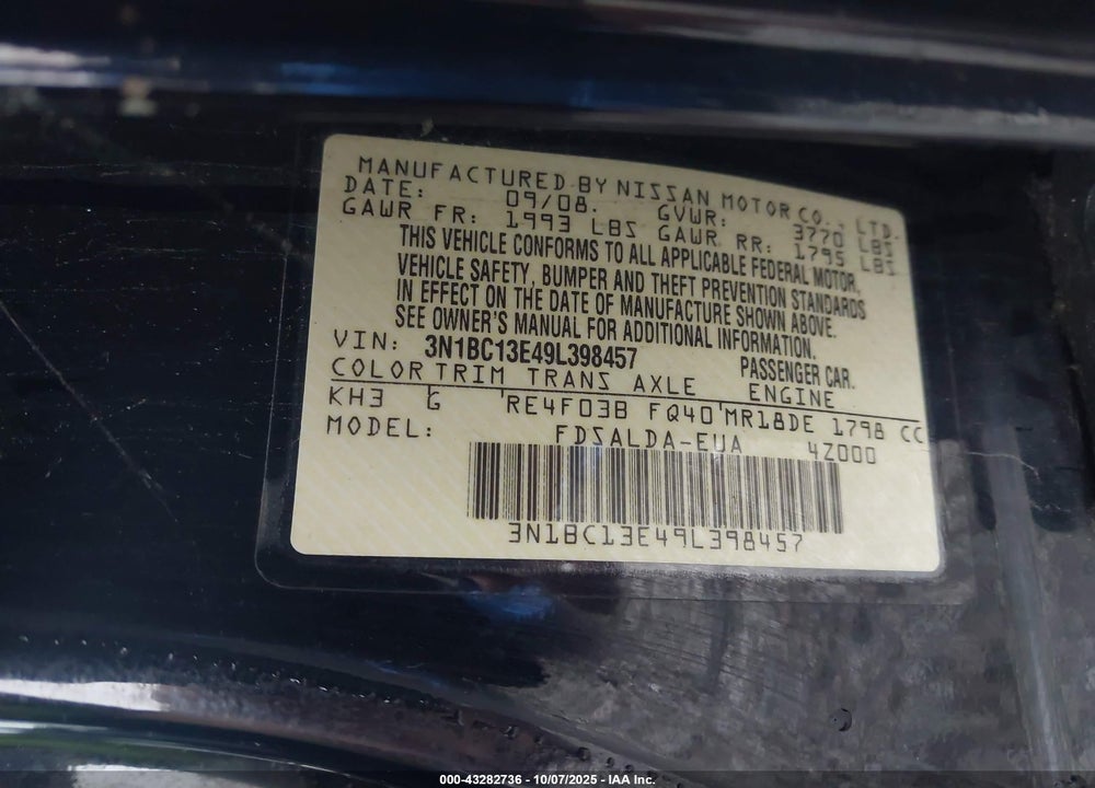 2009 NISSAN VERSA 1.8S VIN: 3N1BC13E49L398457