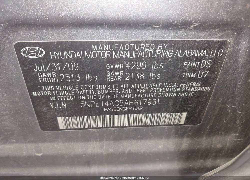 2010 HYUNDAI SONATA VIN: 5NPET4AC5AH617931