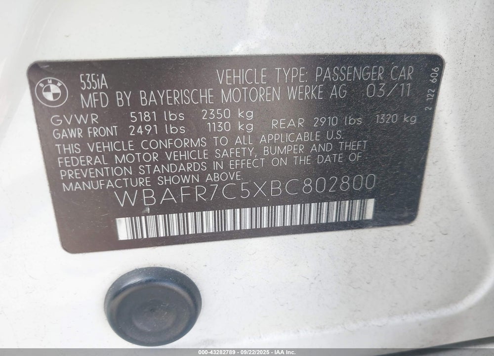 2011 BMW 5 SERIES VIN: WBAFR7C5XBC802800