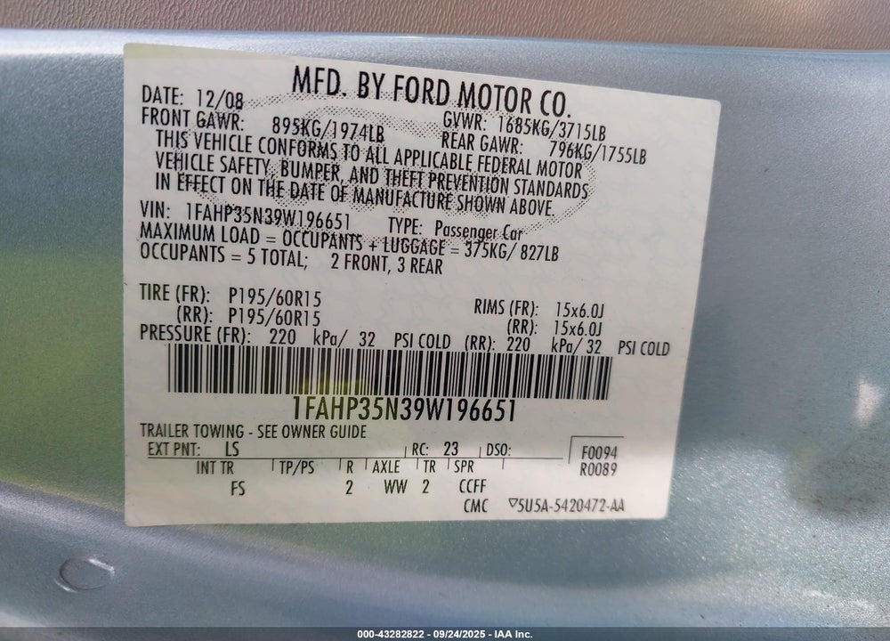 2009 FORD FOCUS VIN: 1FAHP35N39W196651