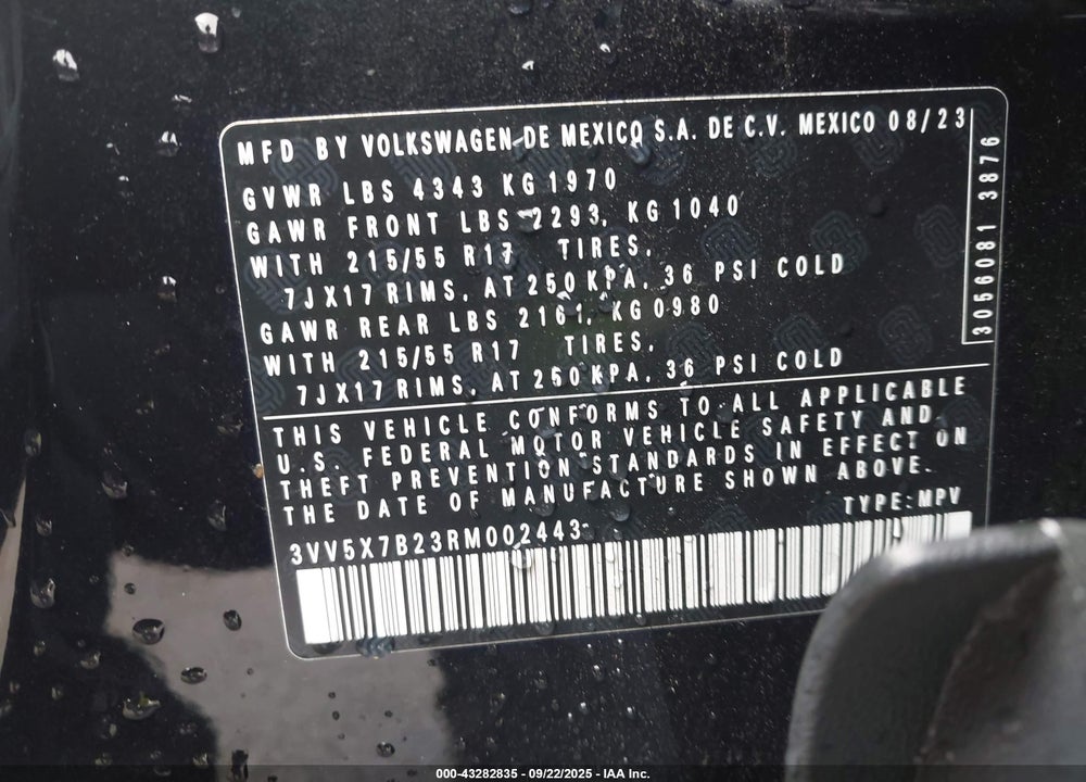 2024 VOLKSWAGEN TAOS VIN: 3VV5X7B23RM002443