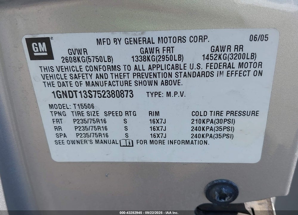 2005 CHEVROLET TRAILBLAZER LS VIN: 1GNDT13S752380873