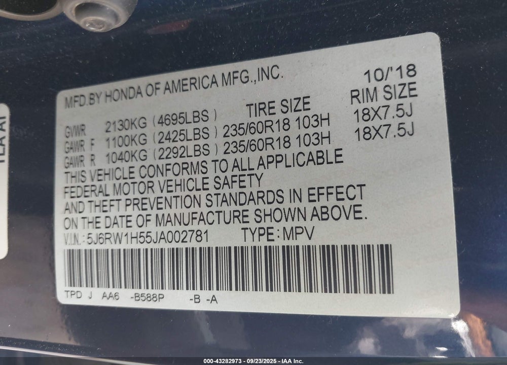 2018 HONDA CR-V VIN: 5J6RW1H55JA002781