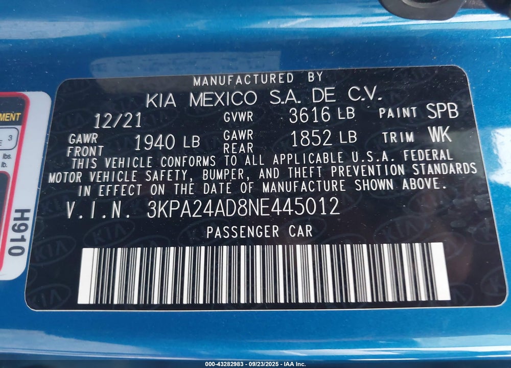 2022 KIA RIO S VIN: 3KPA24AD8NE445012