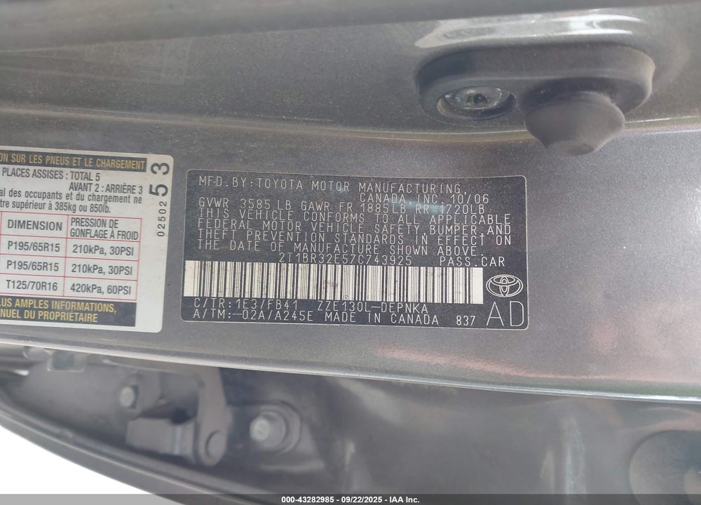 2007 TOYOTA COROLLA VIN: 2T1BR32E57C743925