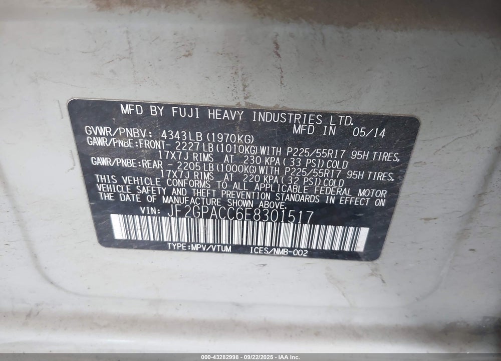 2014 SUBARU XV CROSSTREK VIN: JF2GPACC6E8301517