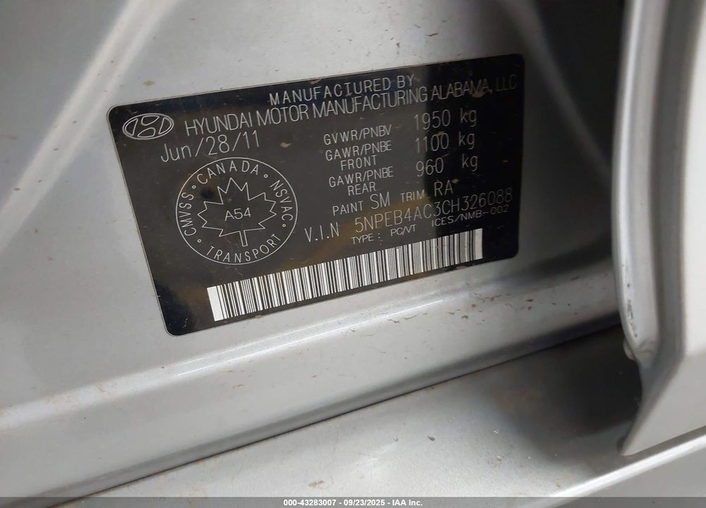 2012 HYUNDAI SONATA VIN: 5NPEB4AC3CH326088