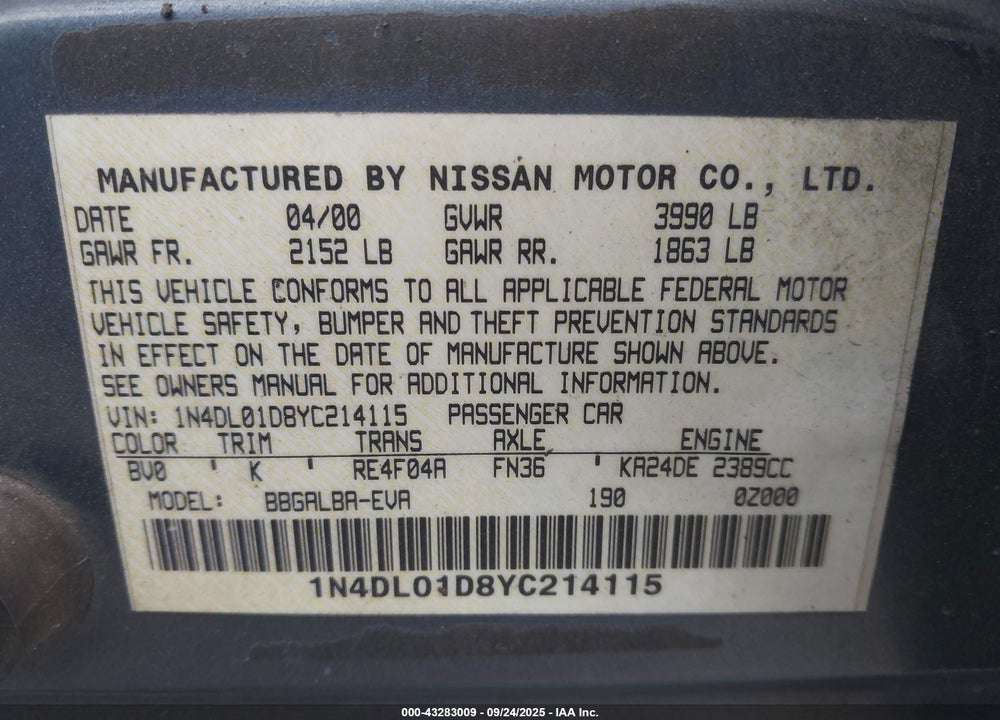 2000 NISSAN ALTIMA GLE/GXE/SE/XE VIN: 1N4DL01D8YC214115
