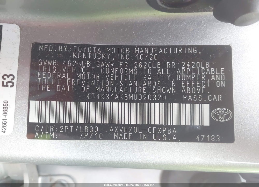 2021 TOYOTA CAMRY XSE HYBRID VIN: 4T1K31AK6MU020320