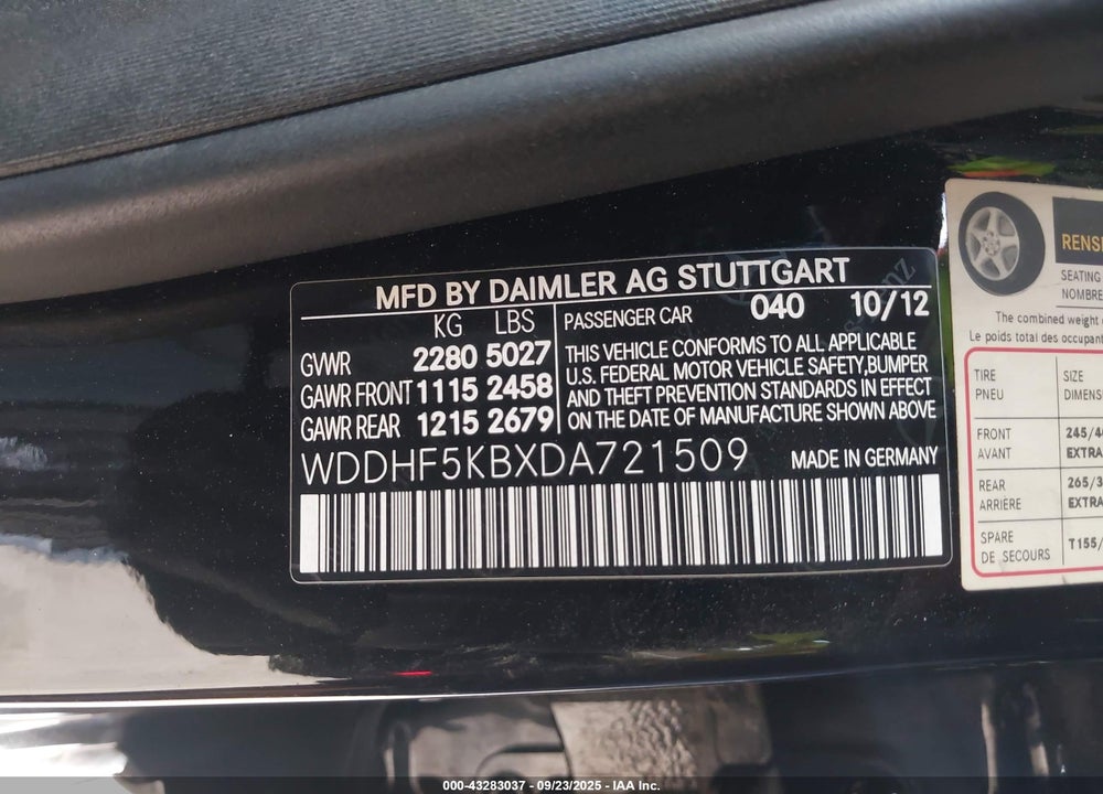 2013 MERCEDES-BENZ E-CLASS VIN: WDDHF5KBXDA721509
