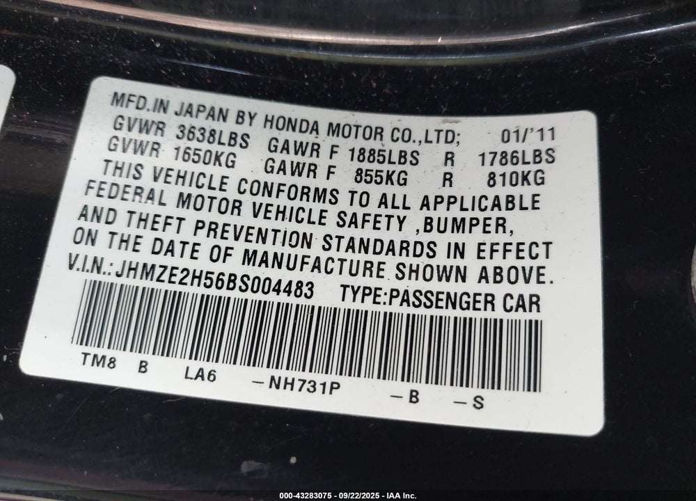 2011 HONDA INSIGHT VIN: JHMZE2H56BS004483
