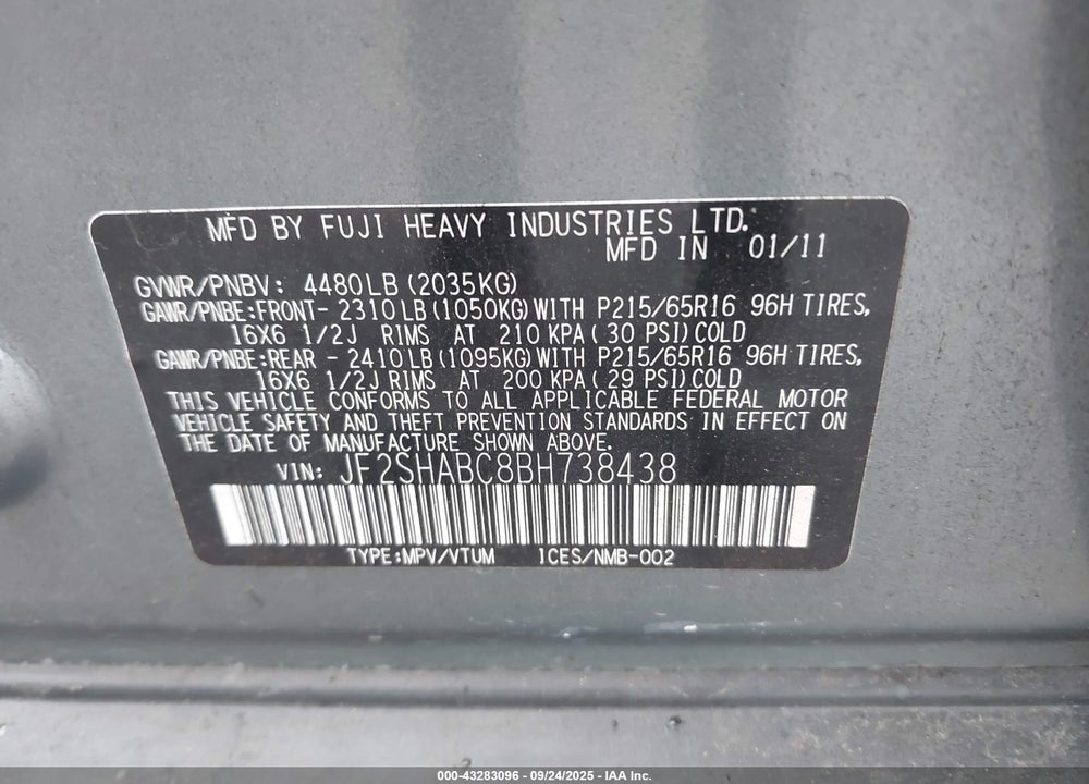 2011 SUBARU FORESTER 2.5X VIN: JF2SHABC8BH738438