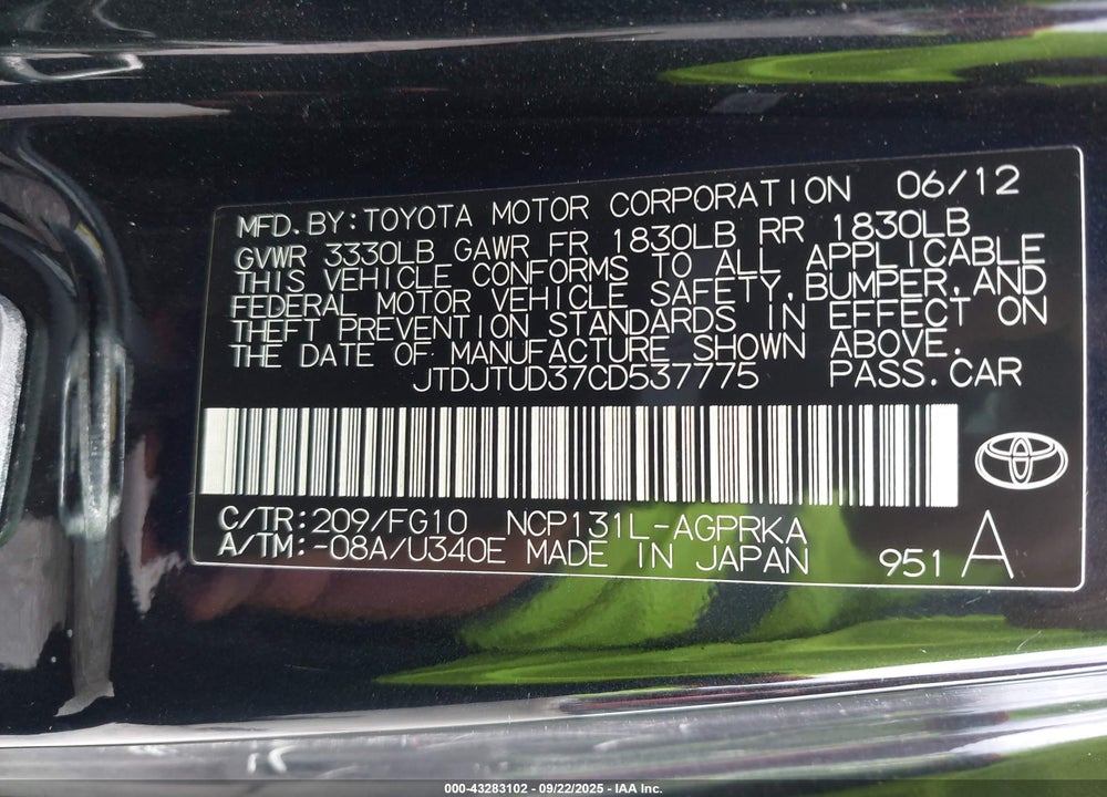 2012 TOYOTA YARIS L VIN: JTDJTUD37CD537775