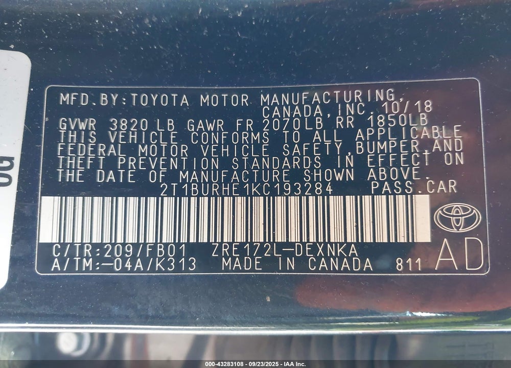 2019 TOYOTA COROLLA LE VIN: 2T1BURHE1KC193284
