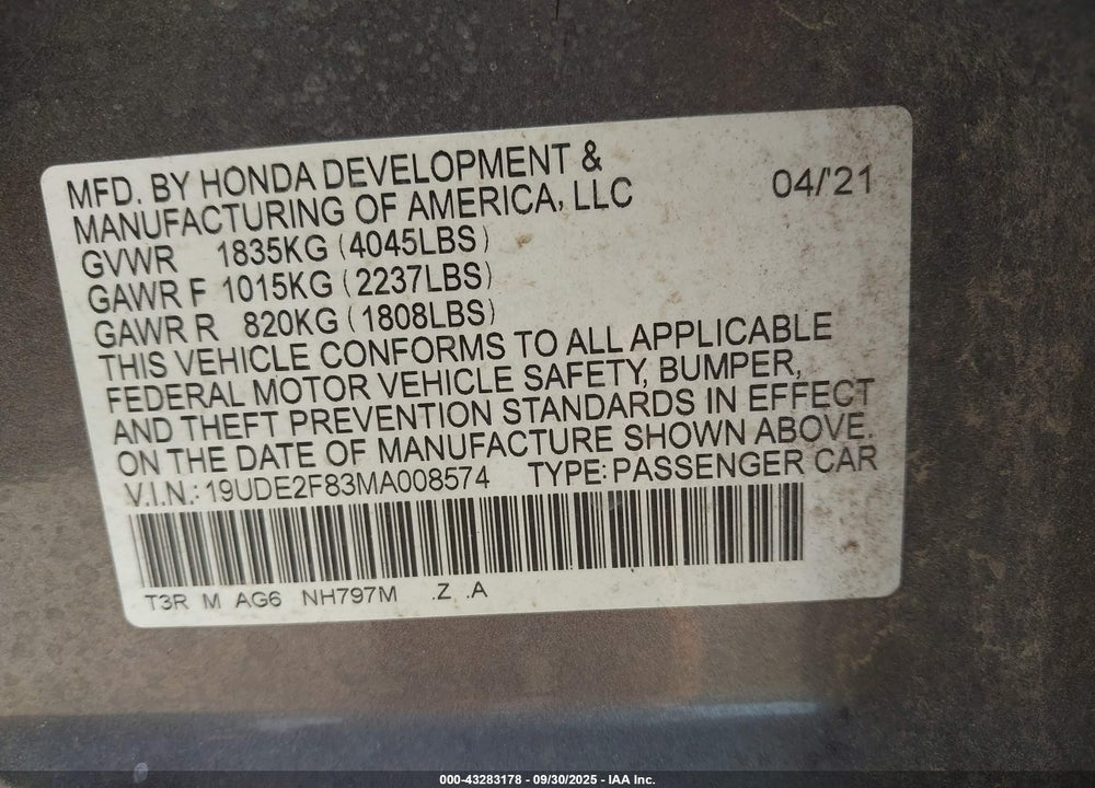 2021 ACURA ILX PREMIUM   A-SPEC PACKAGES/TECHNOLOGY   A-SPEC PACKAGES VIN: 19UDE2F83MA008574