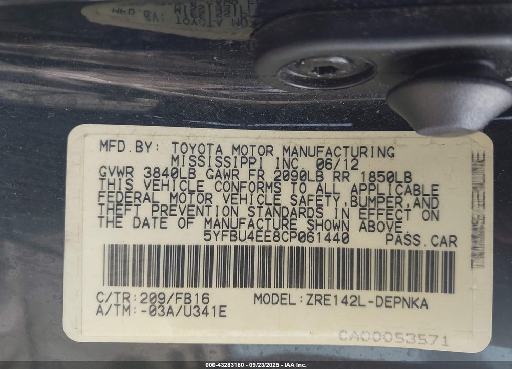 2012 TOYOTA COROLLA LE VIN: 5YFBU4EE8CP061440
