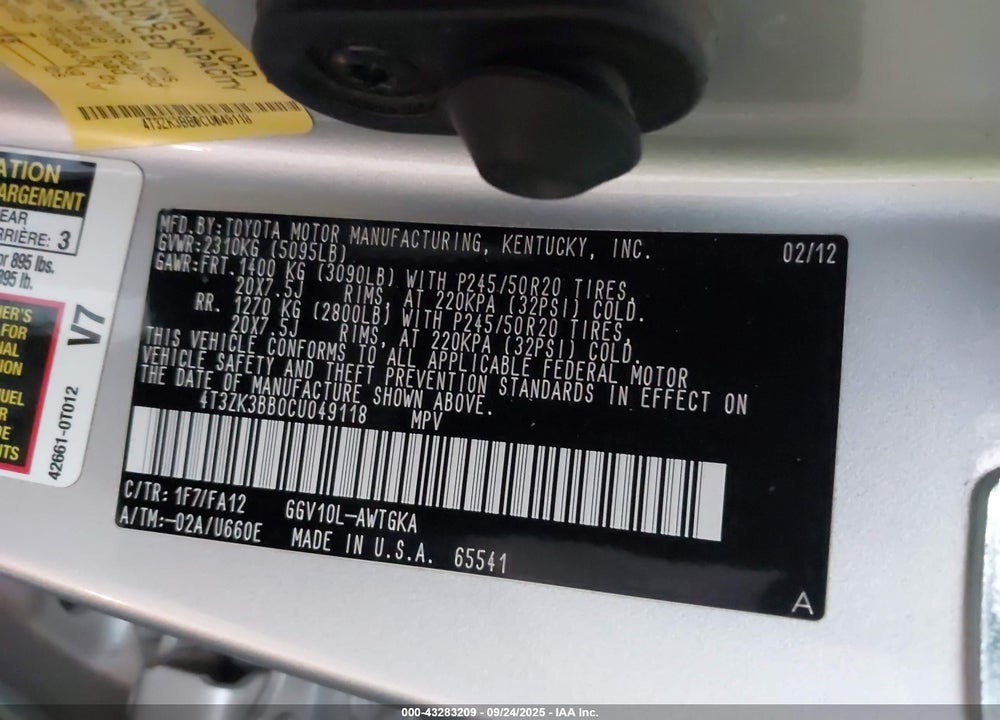 2012 TOYOTA VENZA LE V6 VIN: 4T3ZK3BB0CU049118