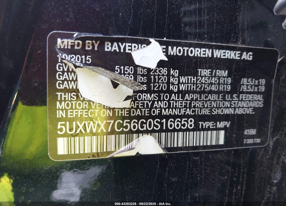 2016 BMW X3 XDRIVE35I VIN: 5UXWX7C56G0S16658