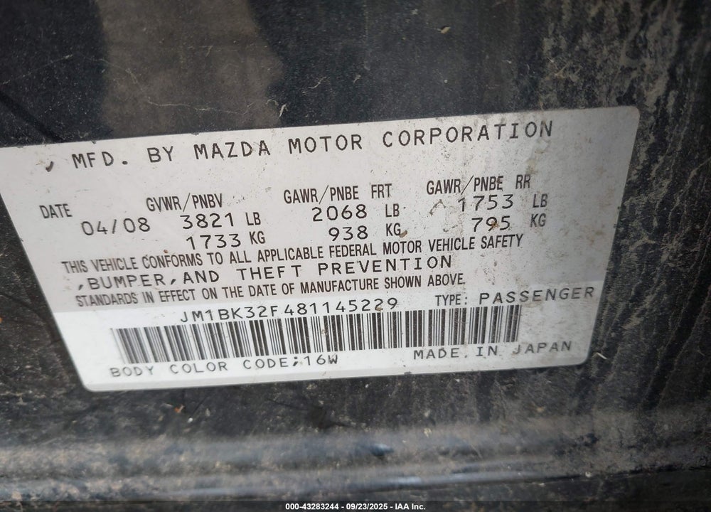 2008 MAZDA 3 VIN: JM1BK32F481145229