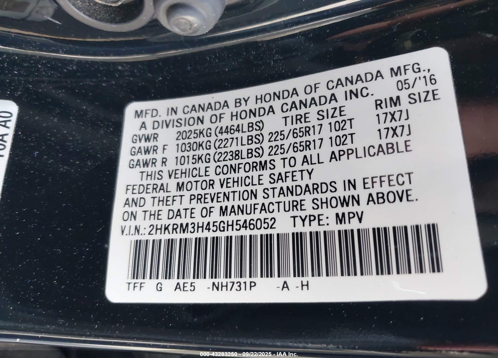 2016 HONDA CR-V VIN: 2HKRM3H45GH546052