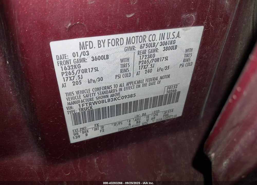 2003 FORD F-150 LARIAT/XLT VIN: 1FTRW08L83KC09385