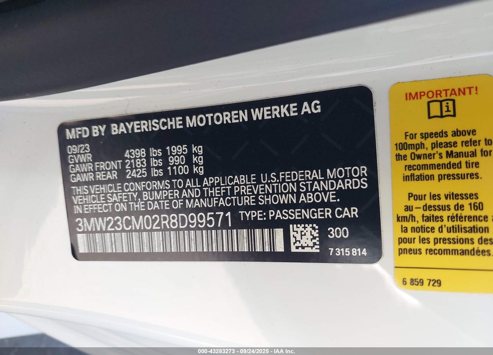 2024 BMW 230 I VIN: 3MW23CM02R8D99571
