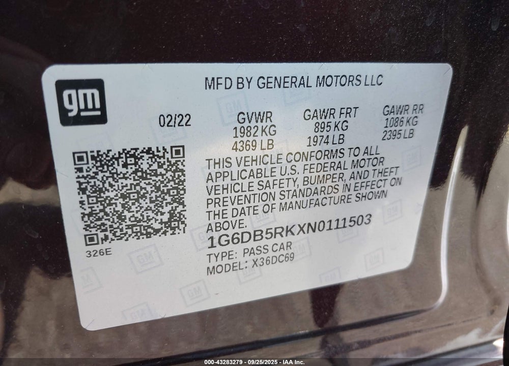 2022 CADILLAC CT4 PREMIUM LUXURY VIN: 1G6DB5RKXN0111503