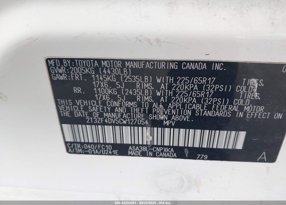 2012 TOYOTA RAV4 VIN: 2T3ZF4DV5CW127054