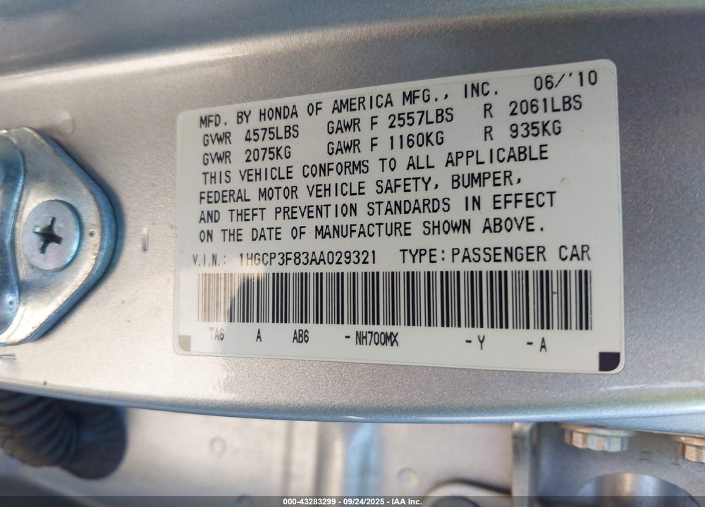 2010 HONDA ACCORD VIN: 1HGCP3F83AA029321