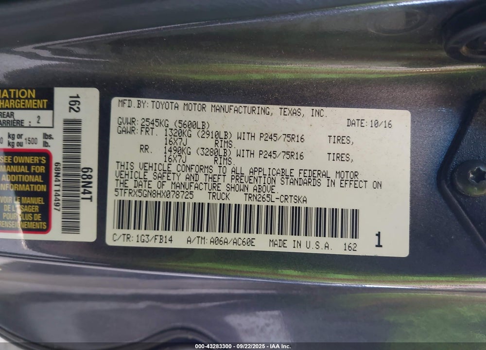 2017 TOYOTA TACOMA SR VIN: 5TFRX5GN8HX078725
