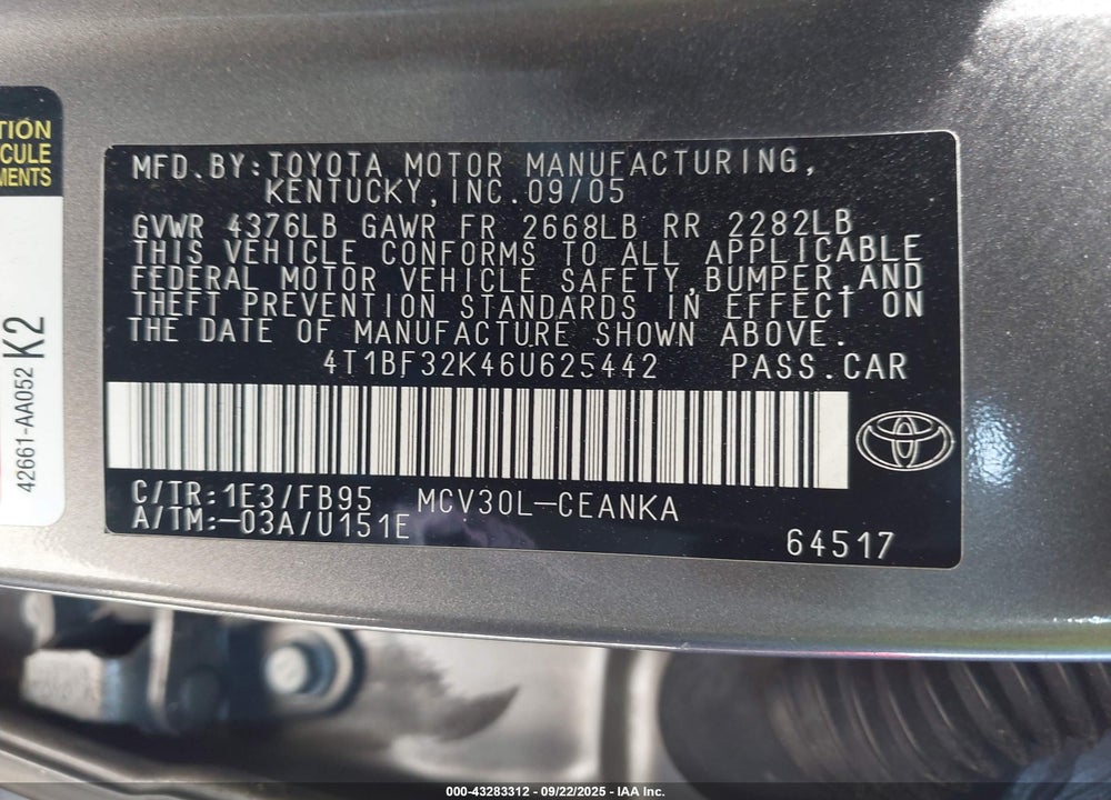 2006 TOYOTA CAMRY VIN: 4T1BF32K46U625442
