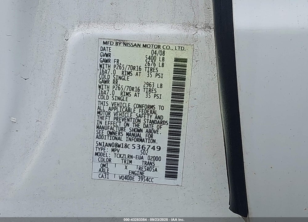 2008 NISSAN XTERRA S VIN: 5N1AN08W18C536749