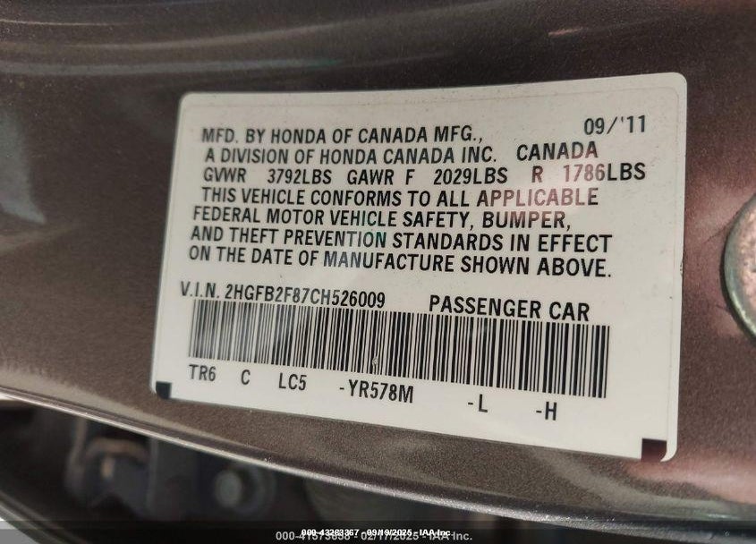 2012 HONDA CIVIC VIN: 2HGFB2F87CH526009