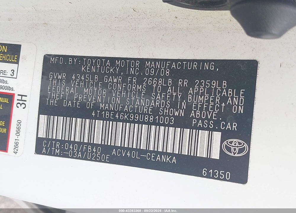 2009 TOYOTA CAMRY VIN: 4T1BE46K99U881003