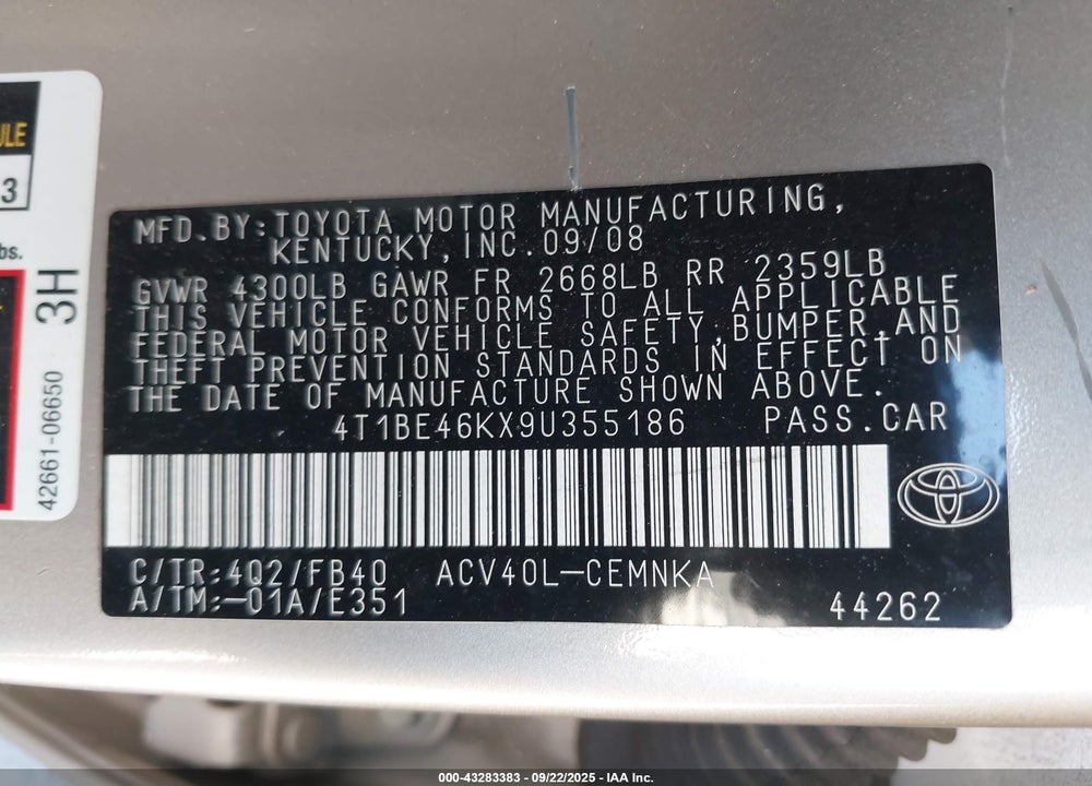 2009 TOYOTA CAMRY VIN: 4T1BE46KX9U355186